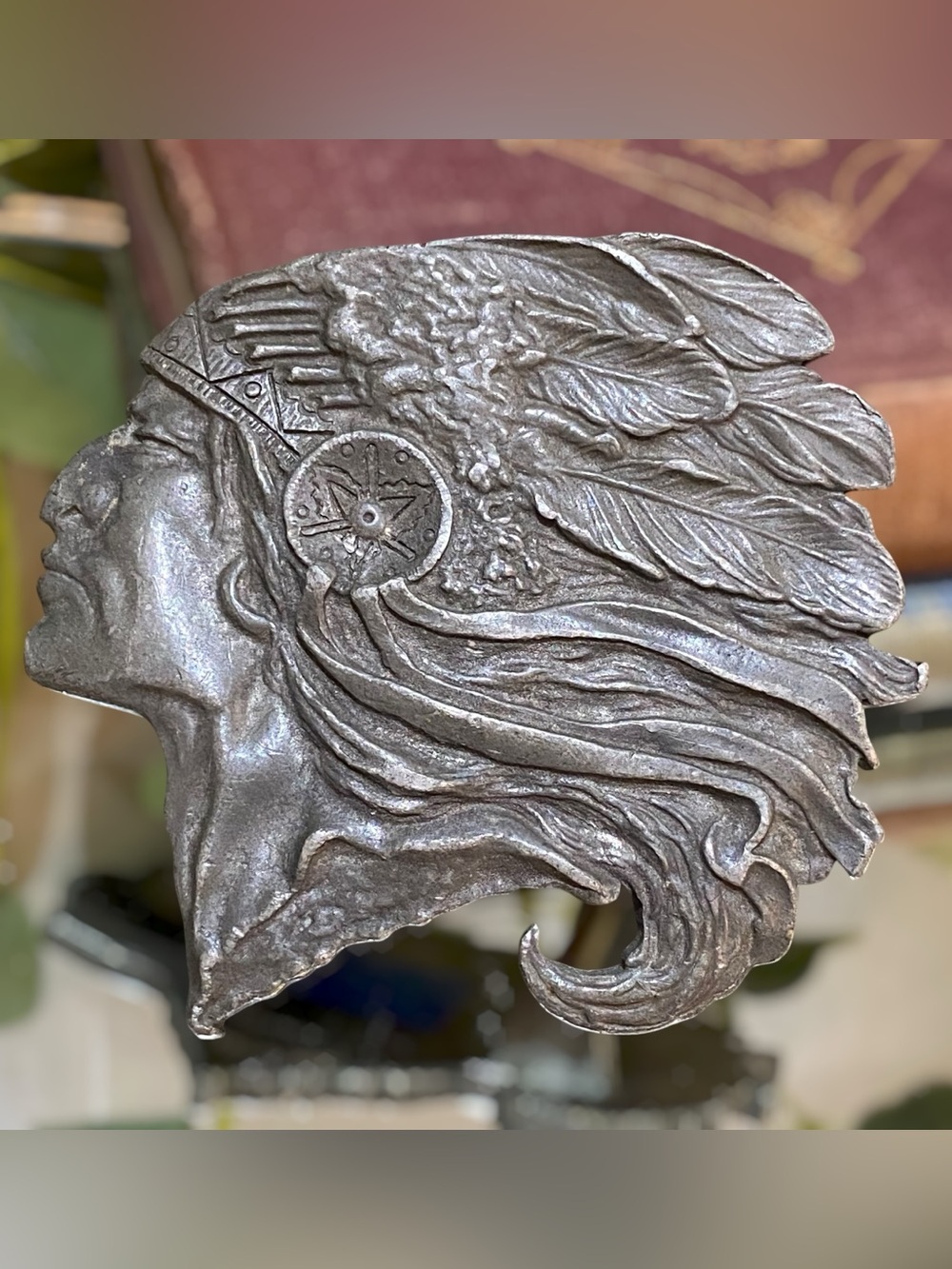Vintage 1971 Pewter Sandy Val Indian Chief Native American Belt Buckle Signed